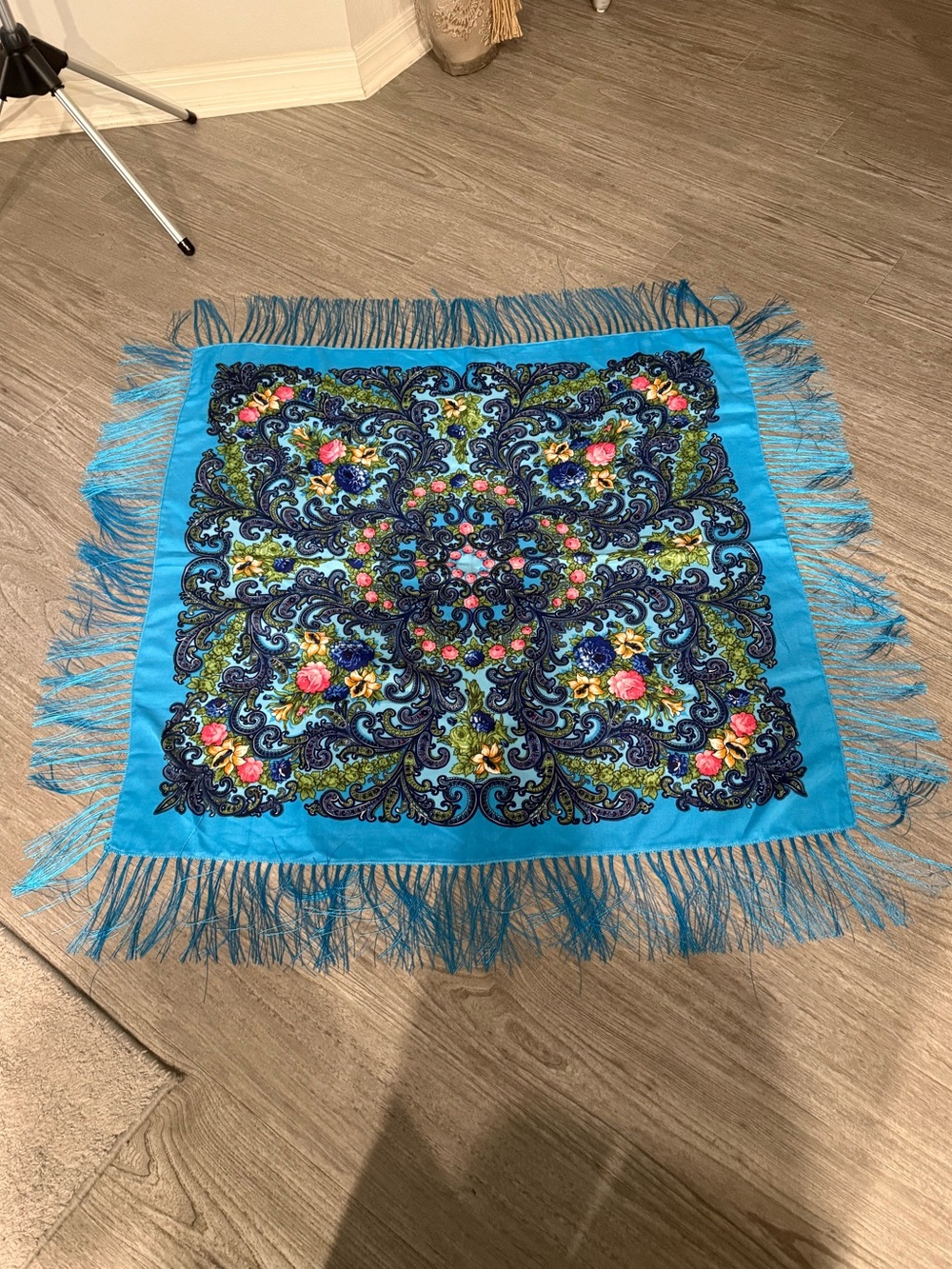 Aratta Turquoise Floral Fringe Scarf NWOT
